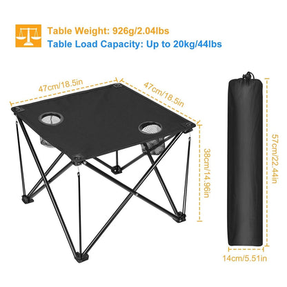Black folding table with dimensions and weight/load capacity information on a white background