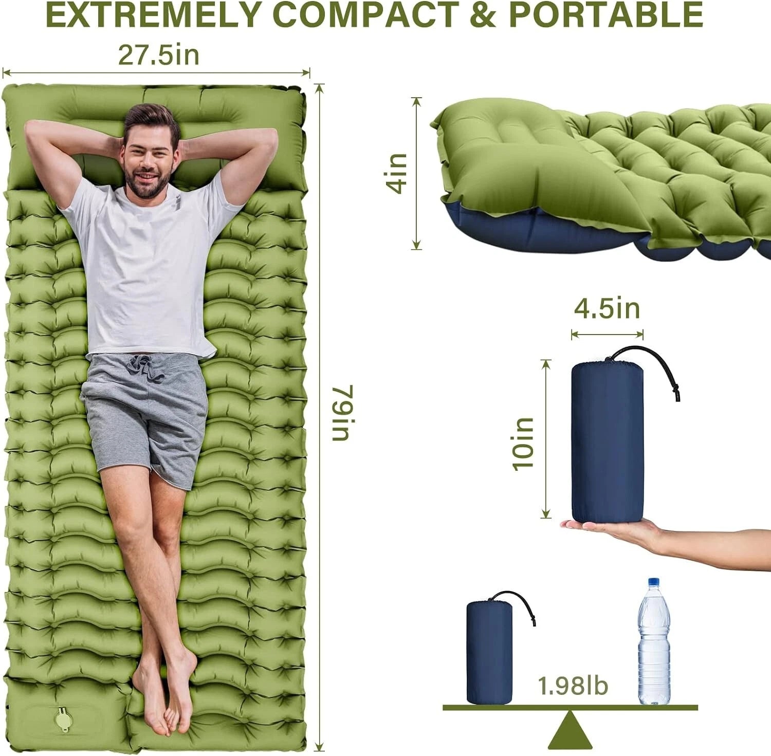 Green inflatable sleeping pad with dimensions and weight displayed, showing a person lying on it.