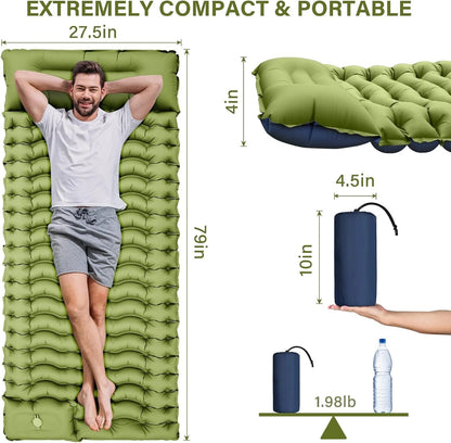 Green inflatable sleeping pad with dimensions and weight displayed, showing a person lying on it.