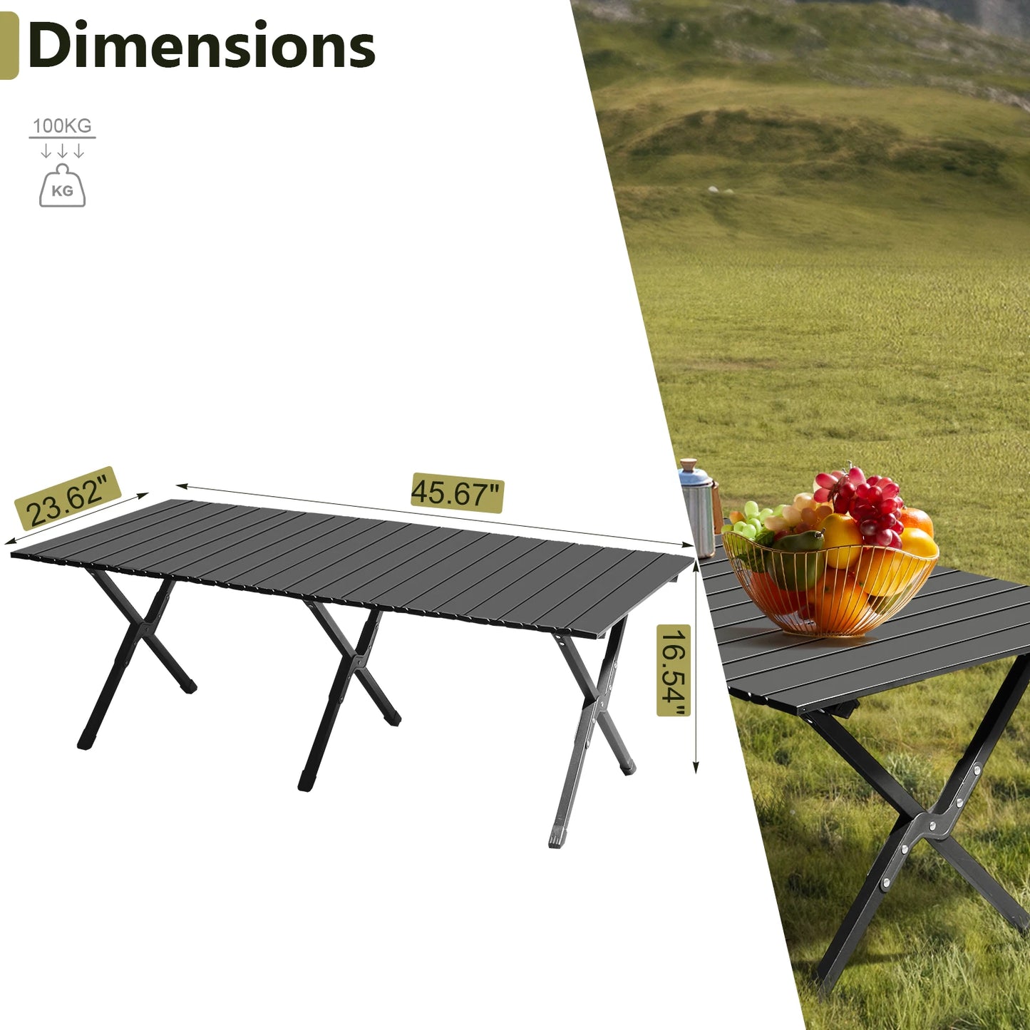 Folding table with dimensions displayed, set against a natural background.