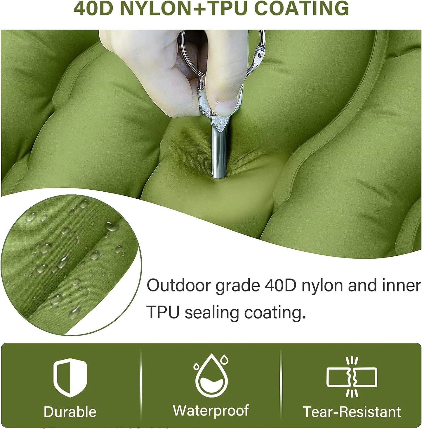 Green outdoor cushion with 40D nylon and TPU coating, showing durability, waterproof, and tear-resistance features.