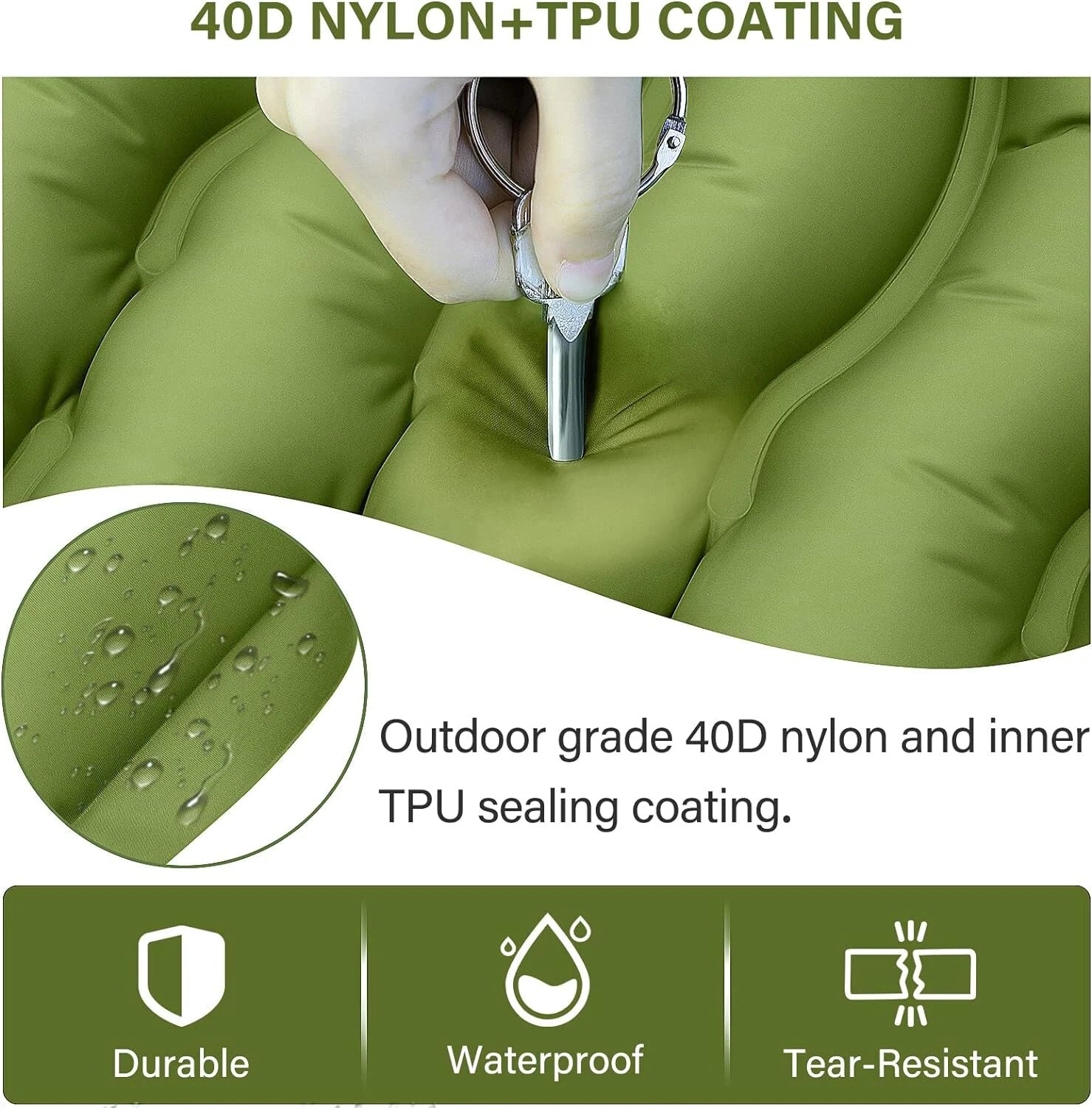 Green outdoor cushion with 40D nylon and TPU coating, showing durability, waterproof, and tear-resistance features.