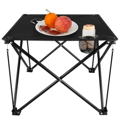 Black folding table with food items on a white background