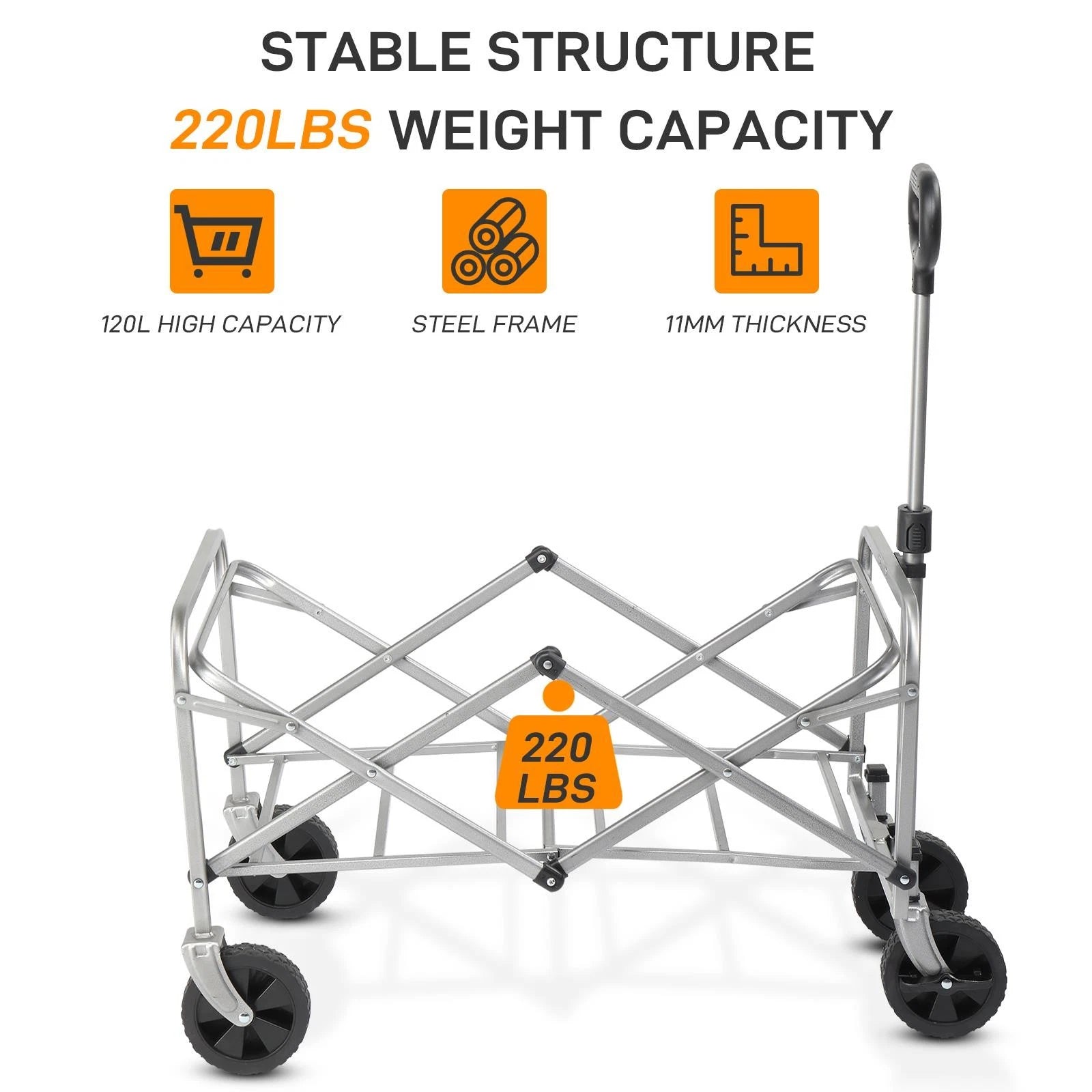 Foldable cart with stability features highlighted on a white background