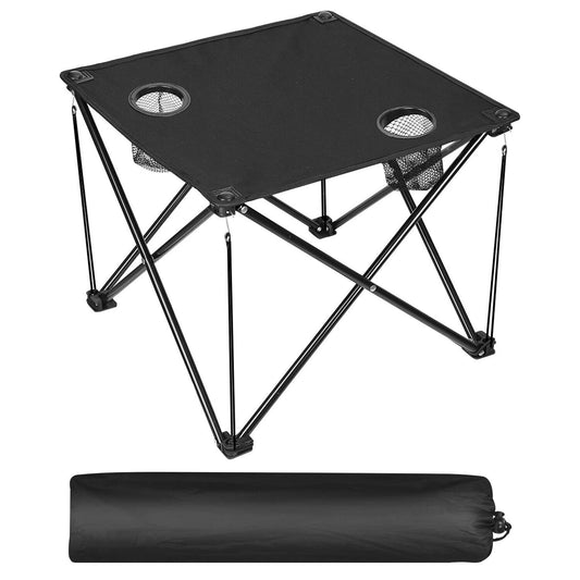 Black folding camping table with cup holders and a carrying bag on a white background