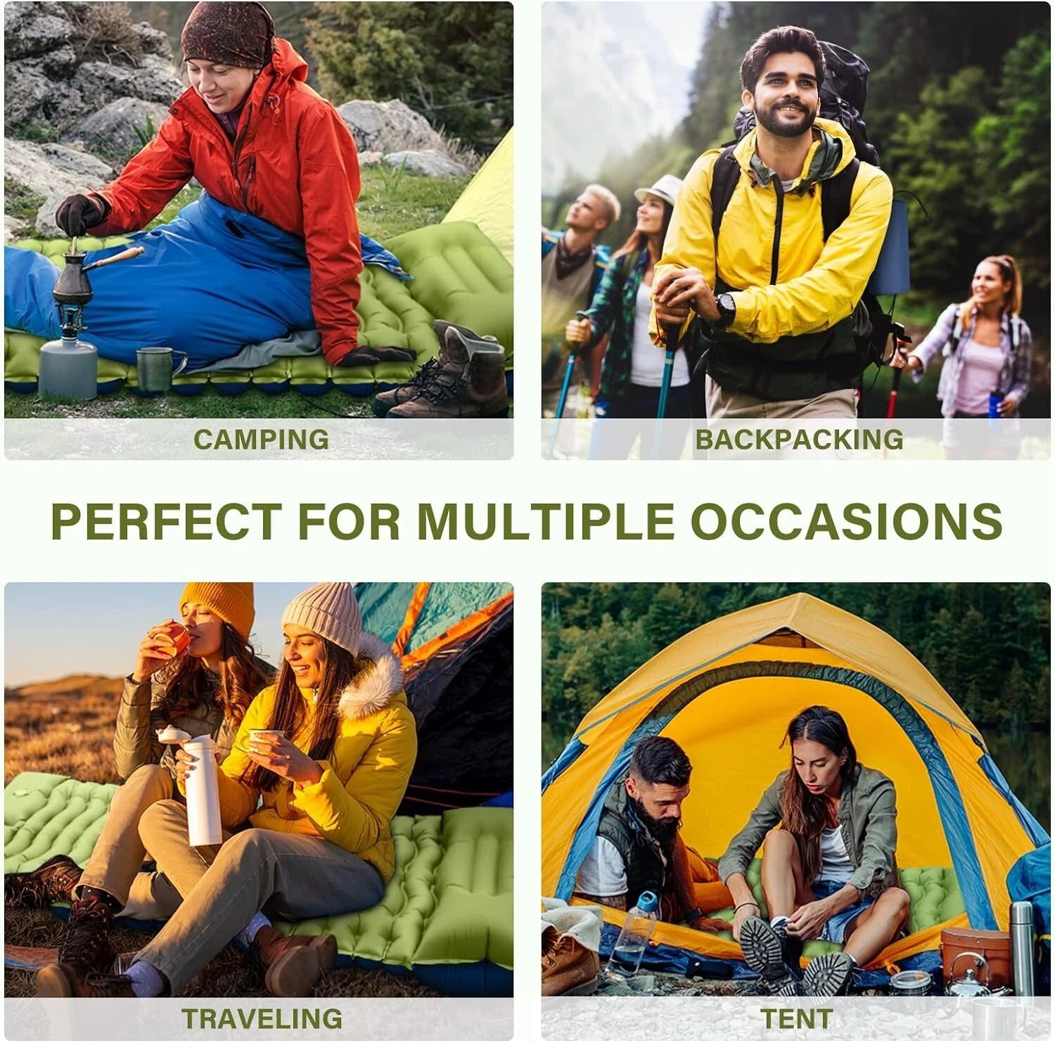 Collage of people camping, backpacking, traveling, and in a tent with text 'Perfect for Multiple Occasions'.