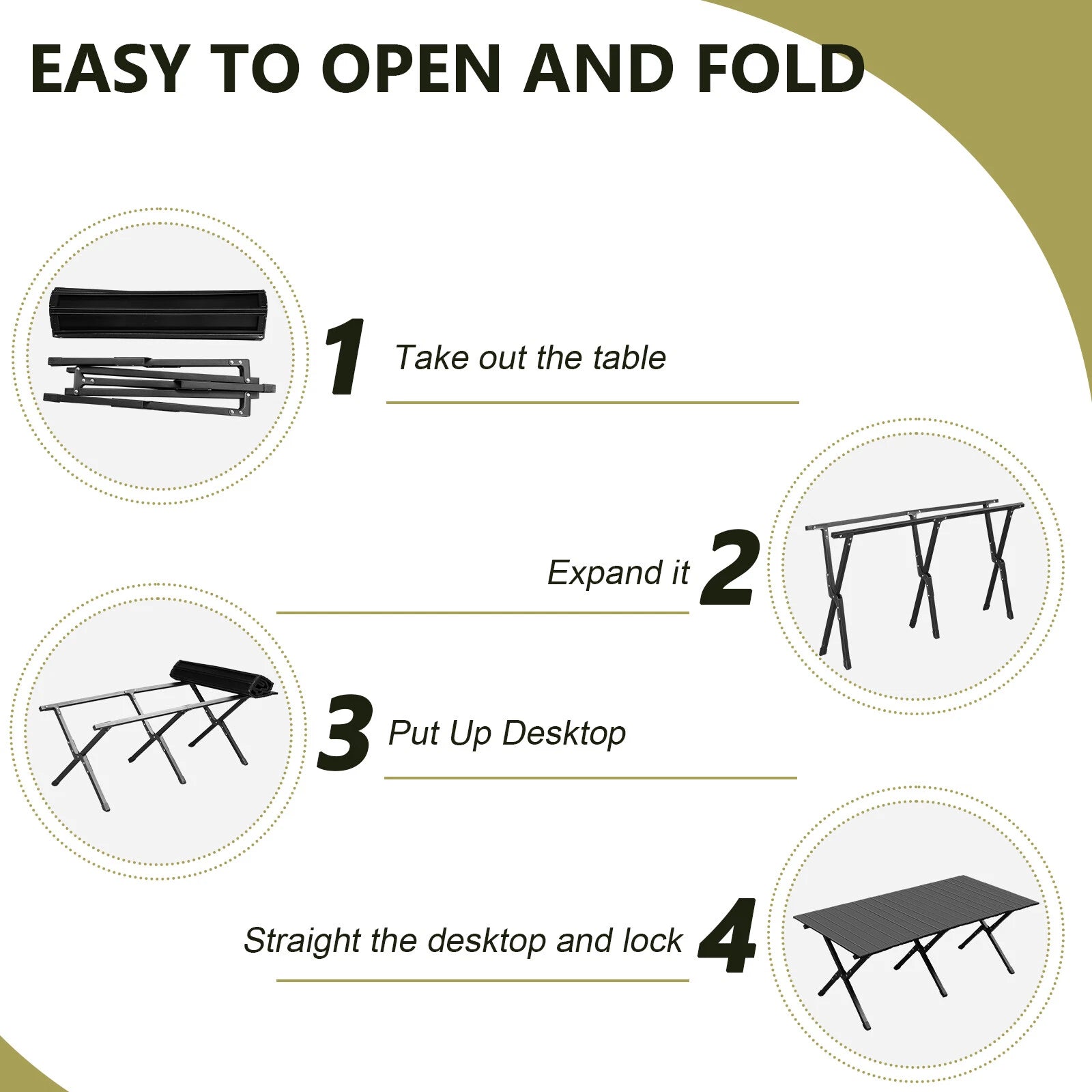 Instructions for opening and folding a portable table with icons and text.