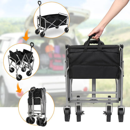 Black folding cart with wheels being held by a hand, with close-up insets showing different angles.