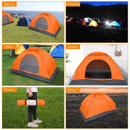 Collage of orange tents in various settings including beach, camping, park, indoor, travel, and rainy conditions.