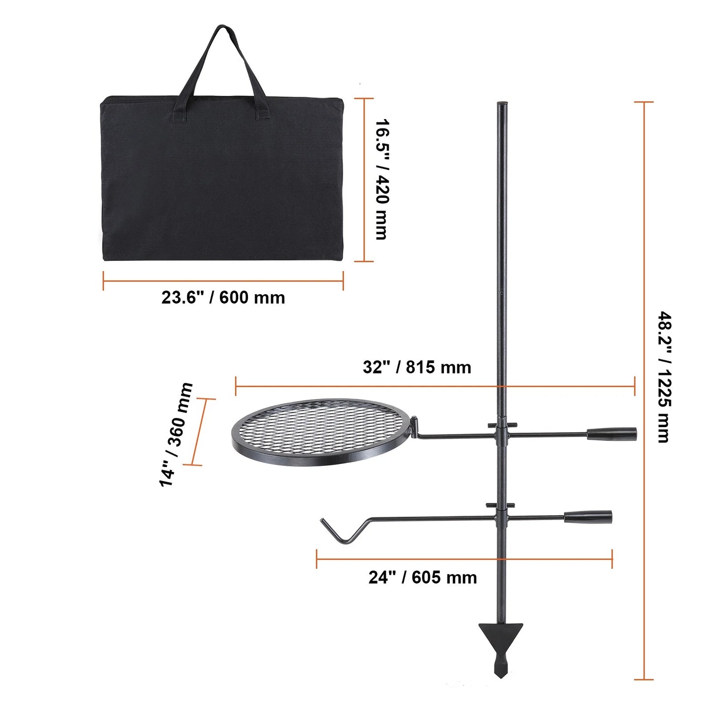 Measurement chart of a portable grill and carrying bag on a white background