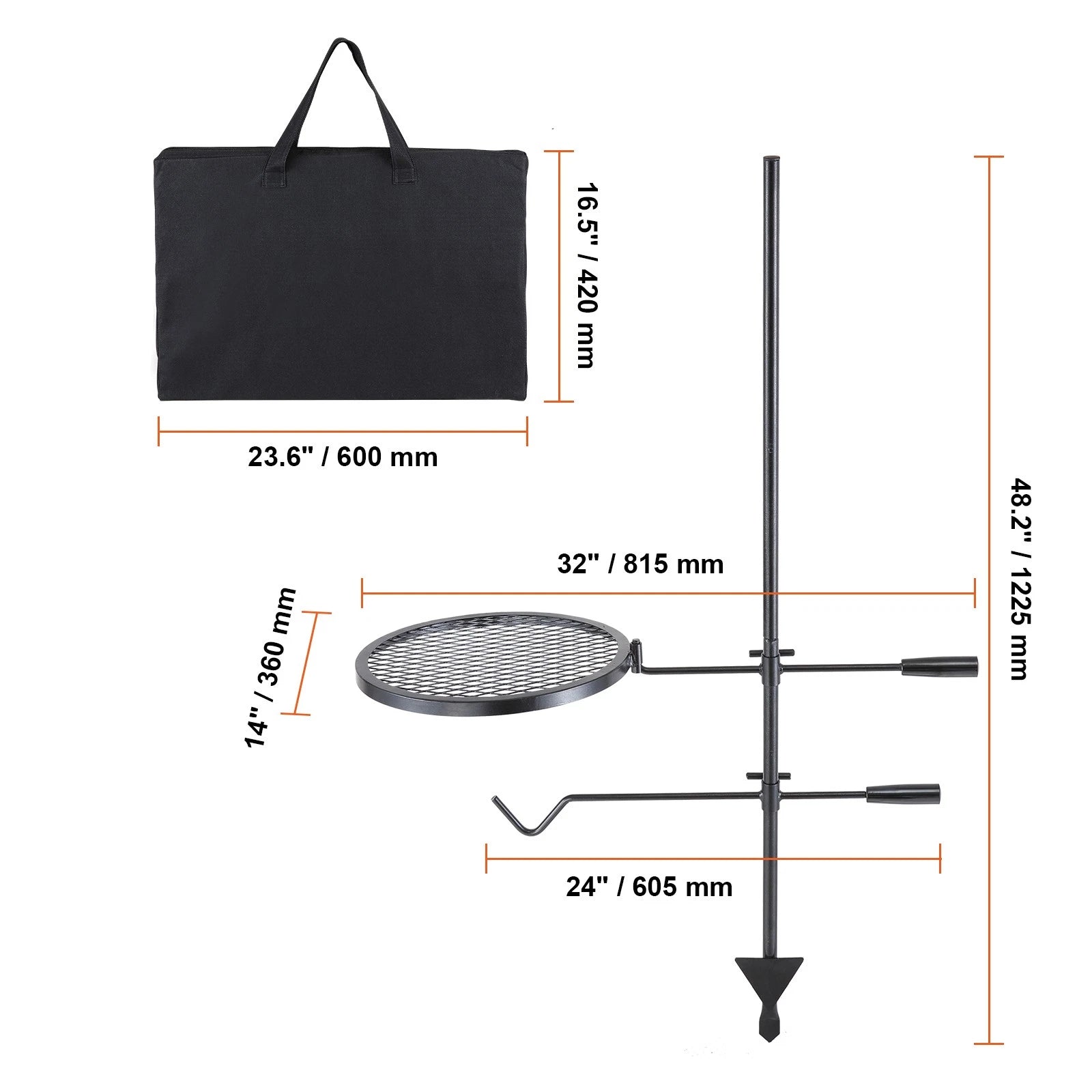 Measurement chart of a portable grill and carrying bag on a white background