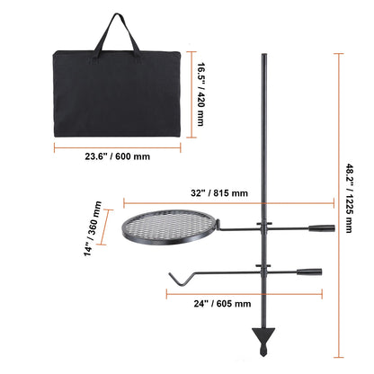 Measurement chart of a portable grill and carrying bag on a white background