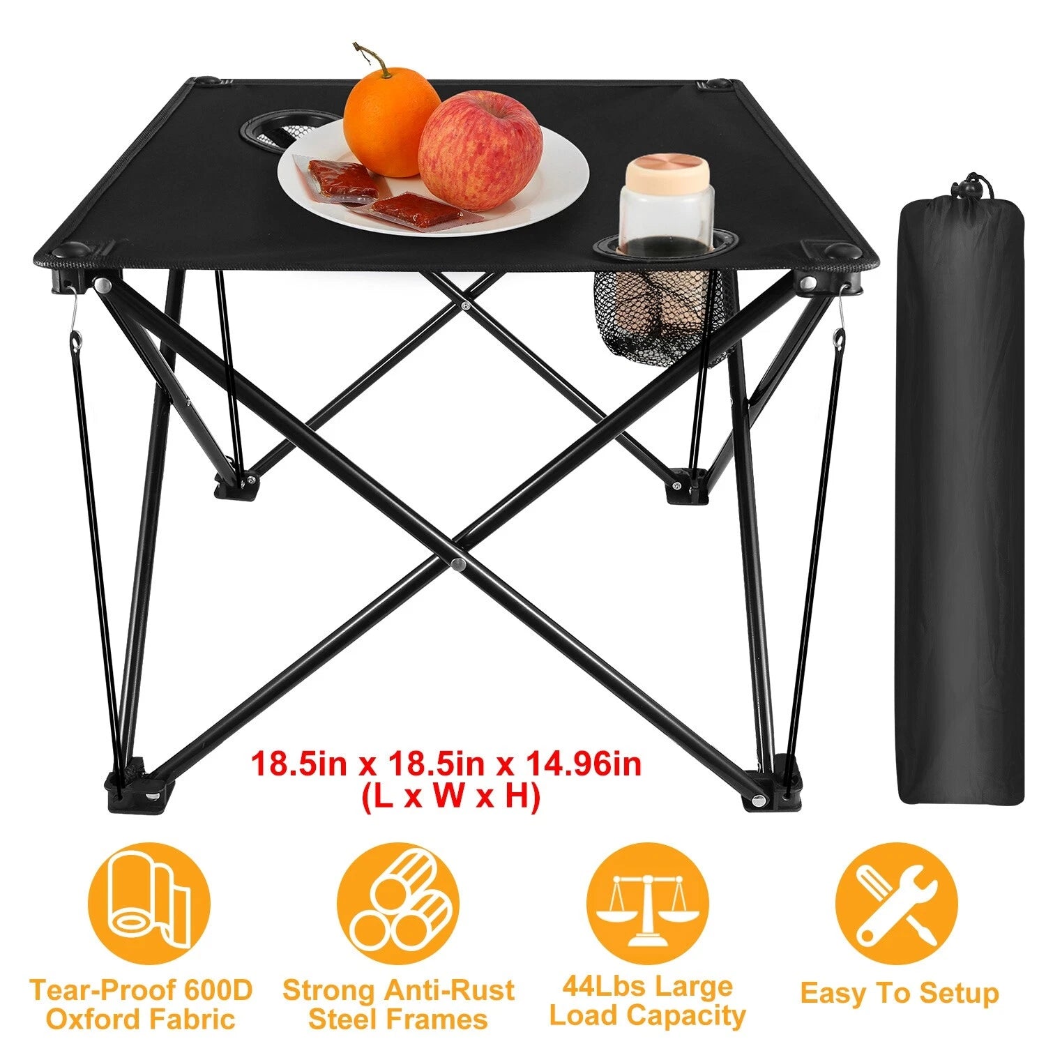 Black folding table with food items on top, next to its carrying case, on a white background.