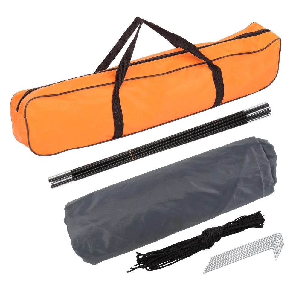 Orange carrying case with black straps, two black poles, gray sleeve with black ropes, and silver hooks on a white background.