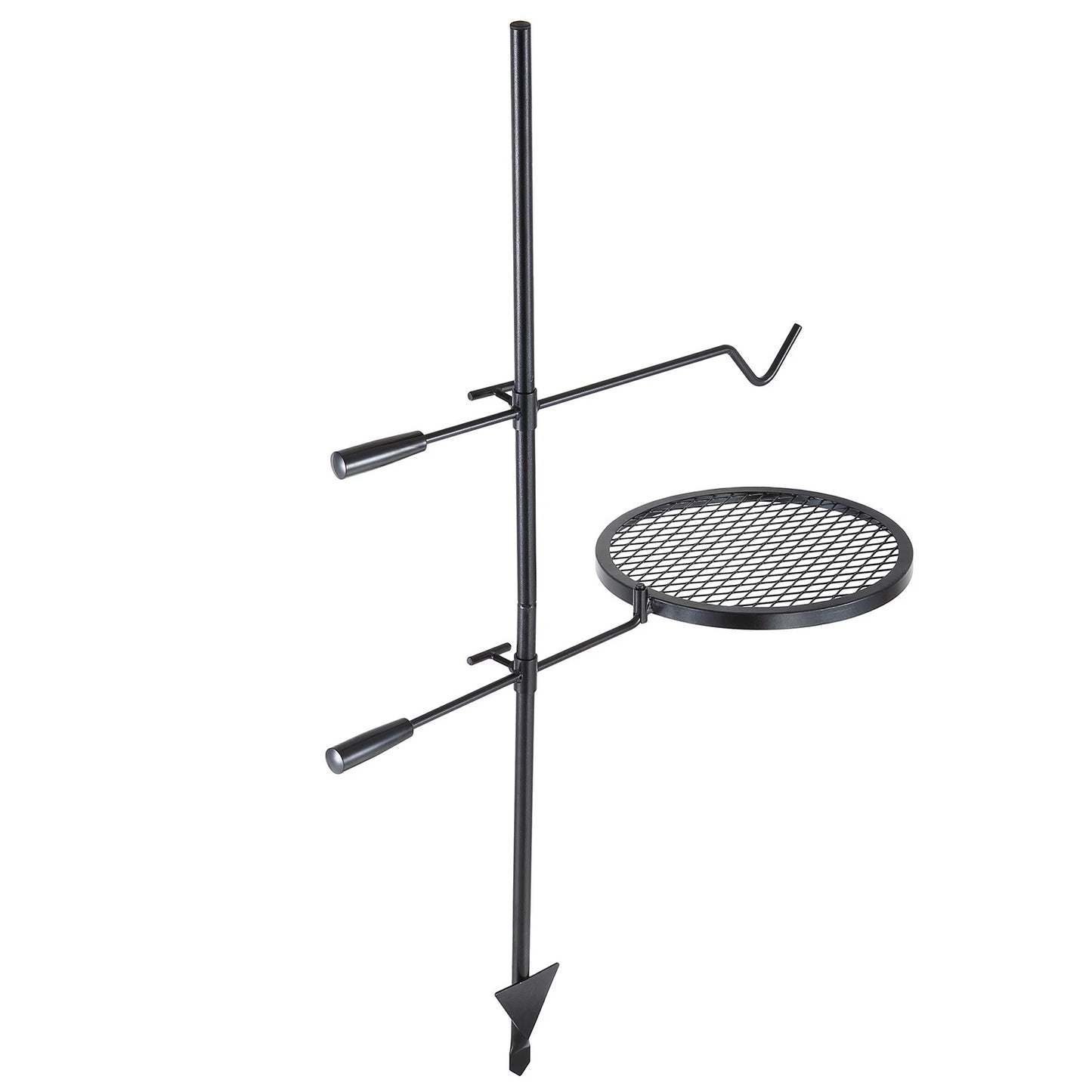 Black metal tripod stand with a round grill on a white background