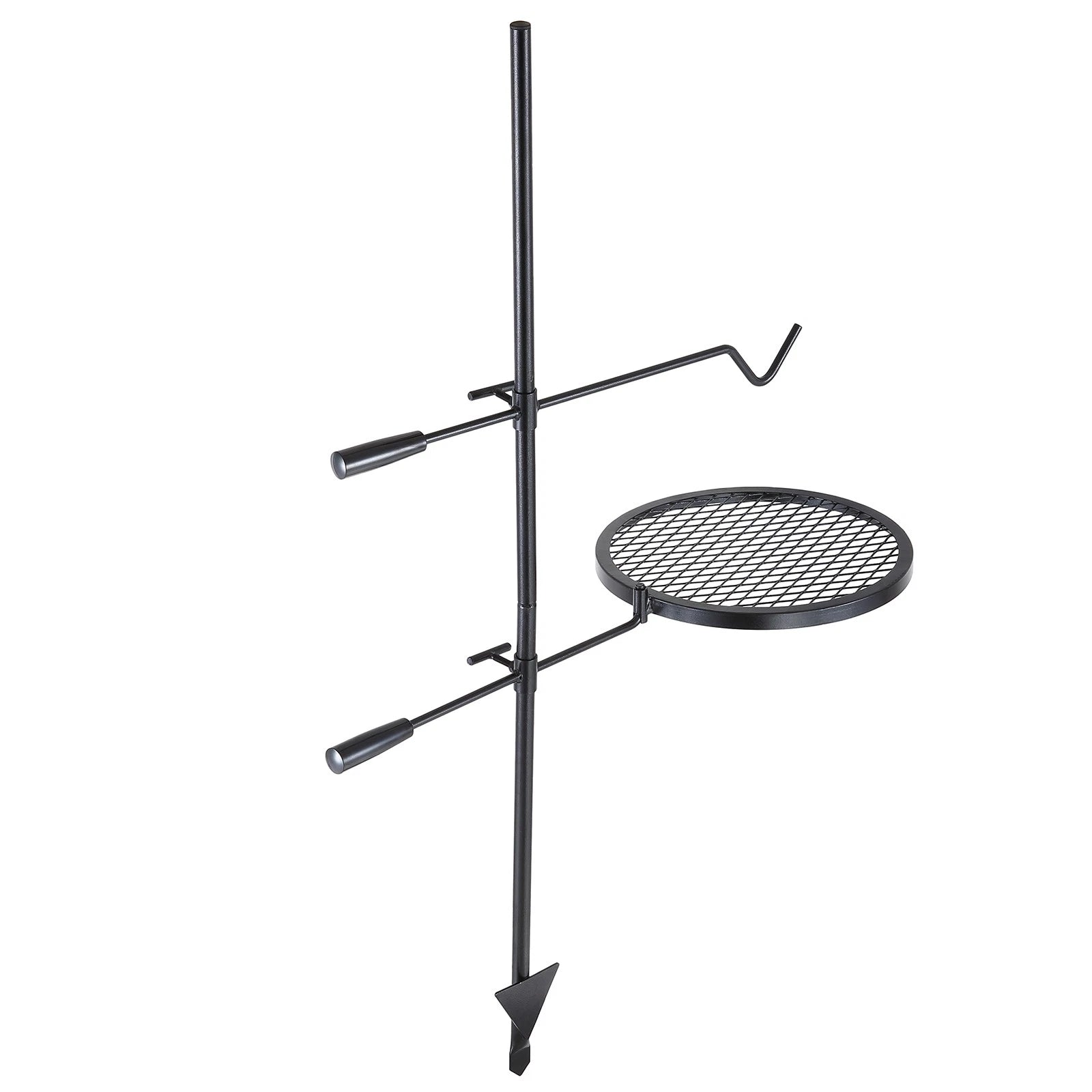 Black metal tripod stand with a round grill on a white background