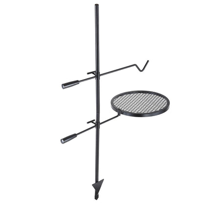 Black metal tripod stand with a round grill on a white background