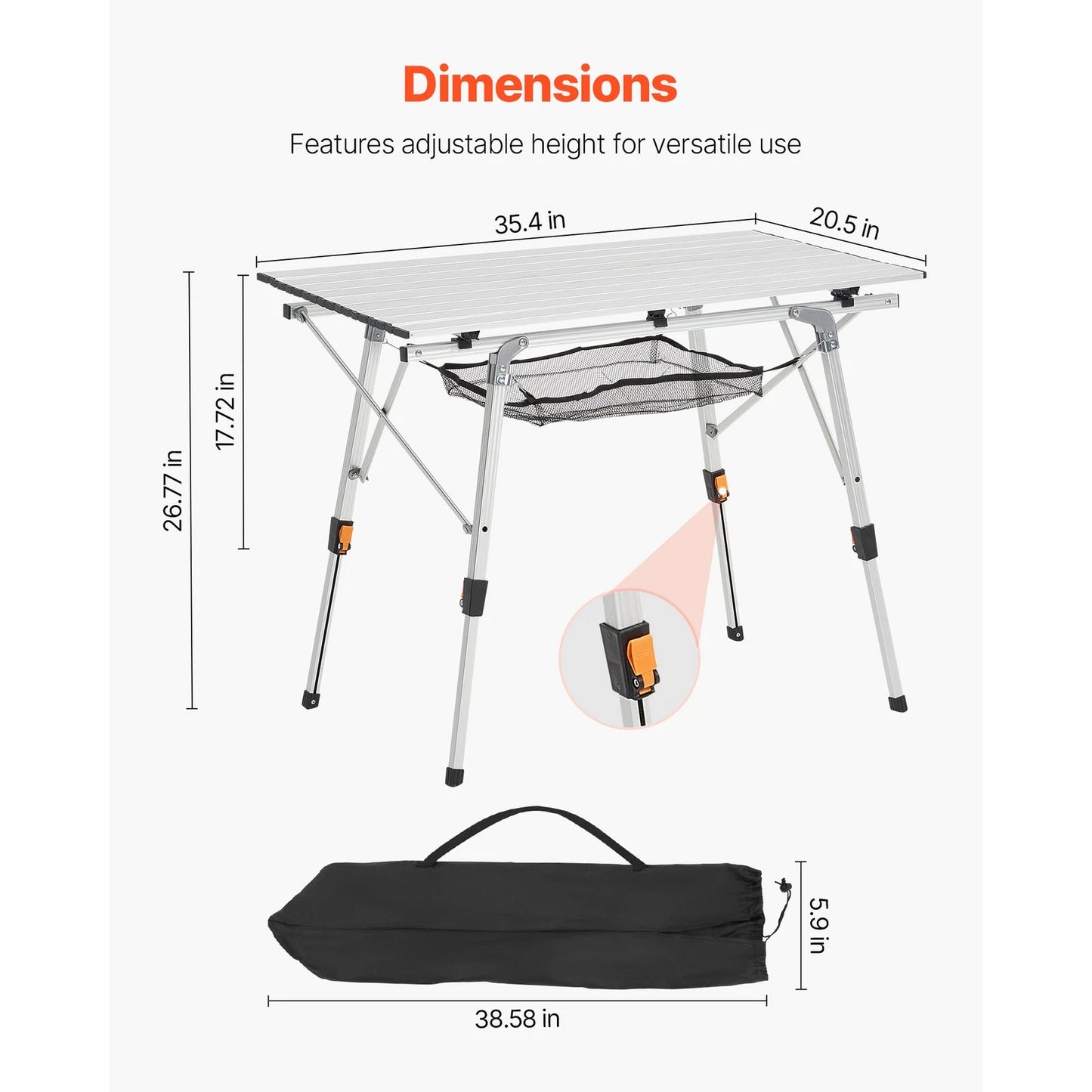 Camping table with dimensions and carrying bag on a white background