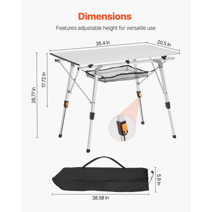 Camping table with dimensions and carrying bag on a white background