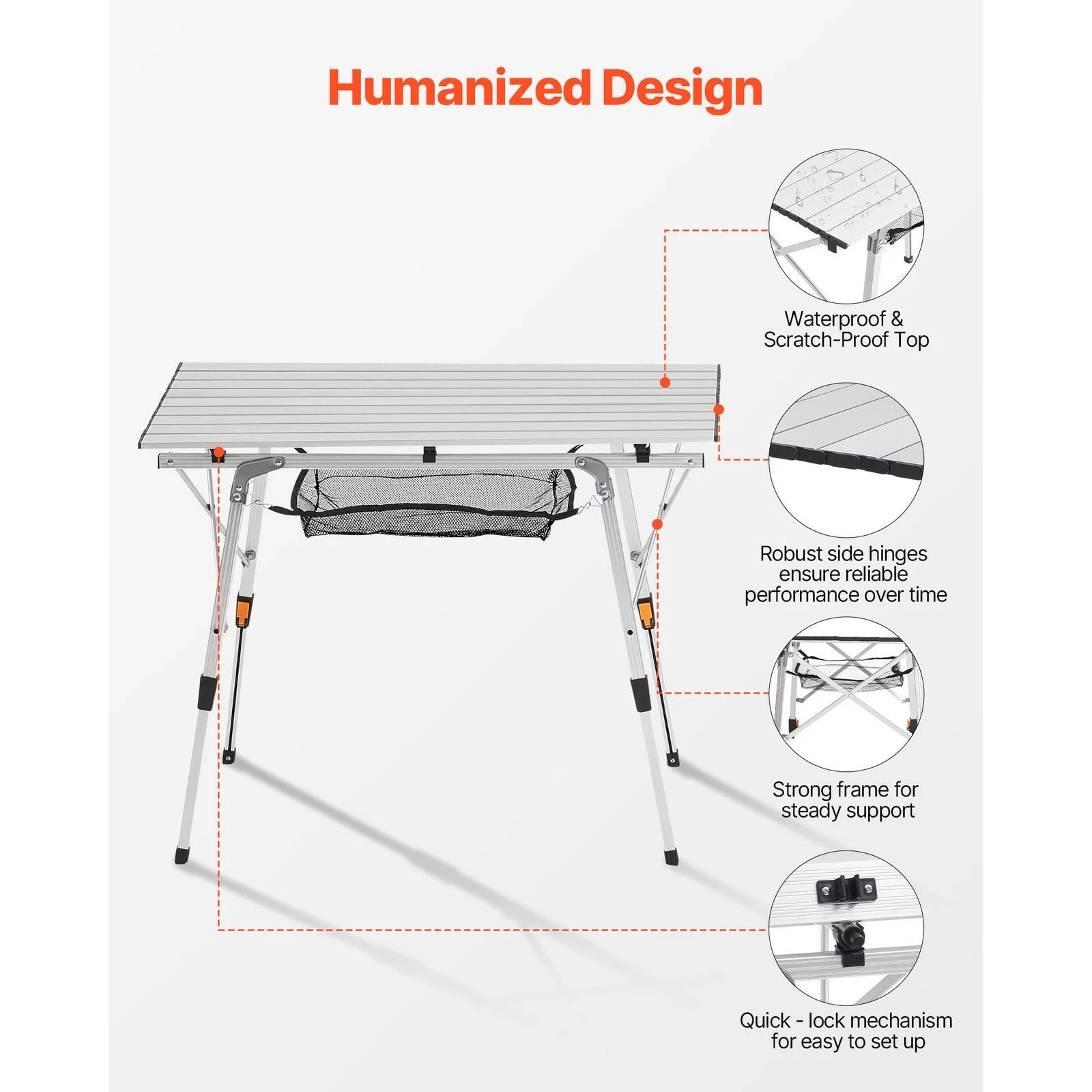 Camping table with features highlighted on a white background