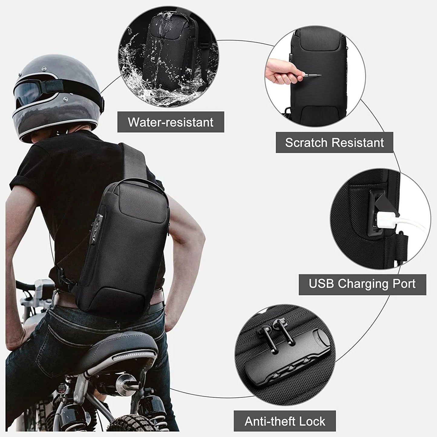 Anti-Theft Sling Backpack with USB Port Black Camouflage