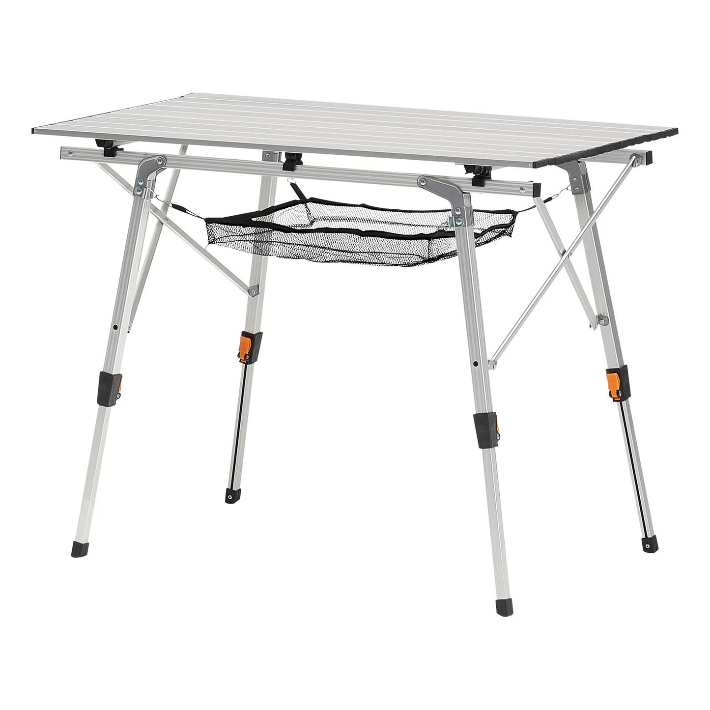 Portable camping table with metal frame and legs on a white background
