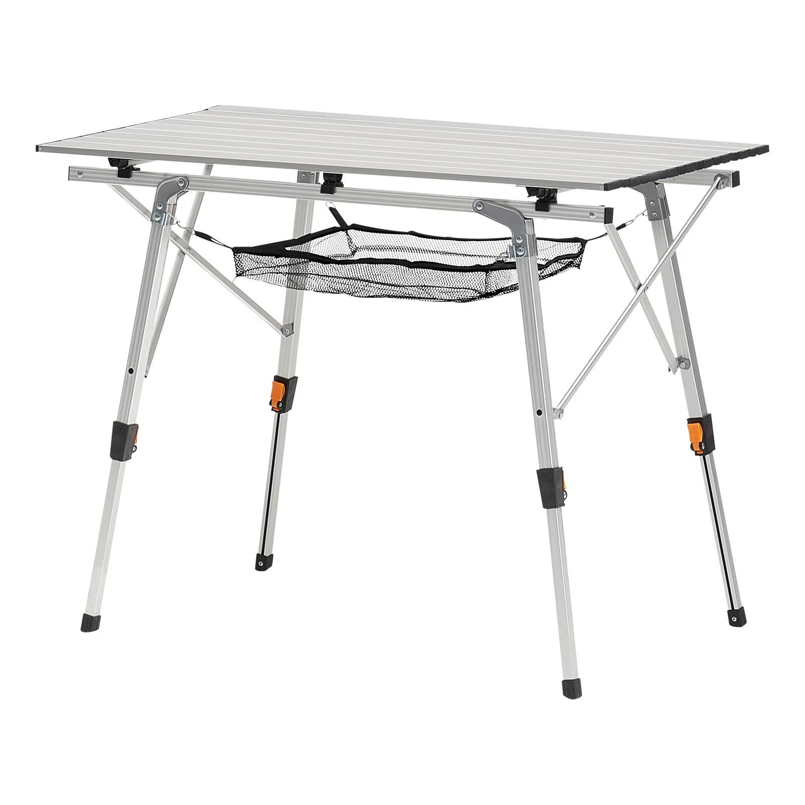 Portable camping table with metal frame and legs on a white background