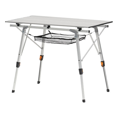 Portable camping table with metal frame and legs on a white background