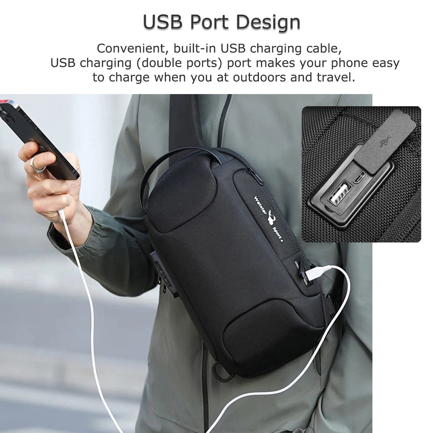 Anti-Theft Sling Backpack with USB Port Black Camouflage