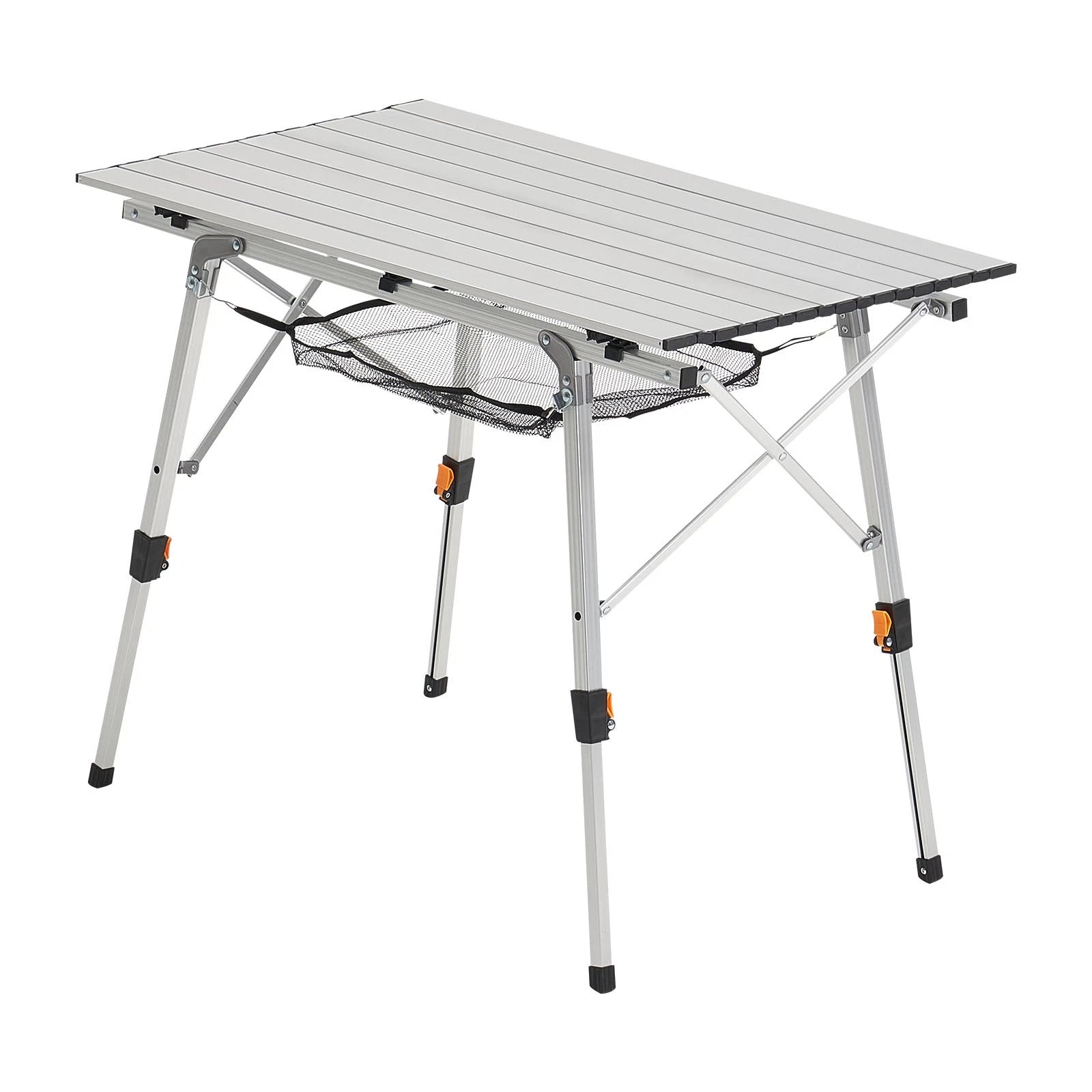 Portable camping table with aluminum surface on a white background