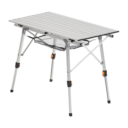 Portable camping table with aluminum surface on a white background