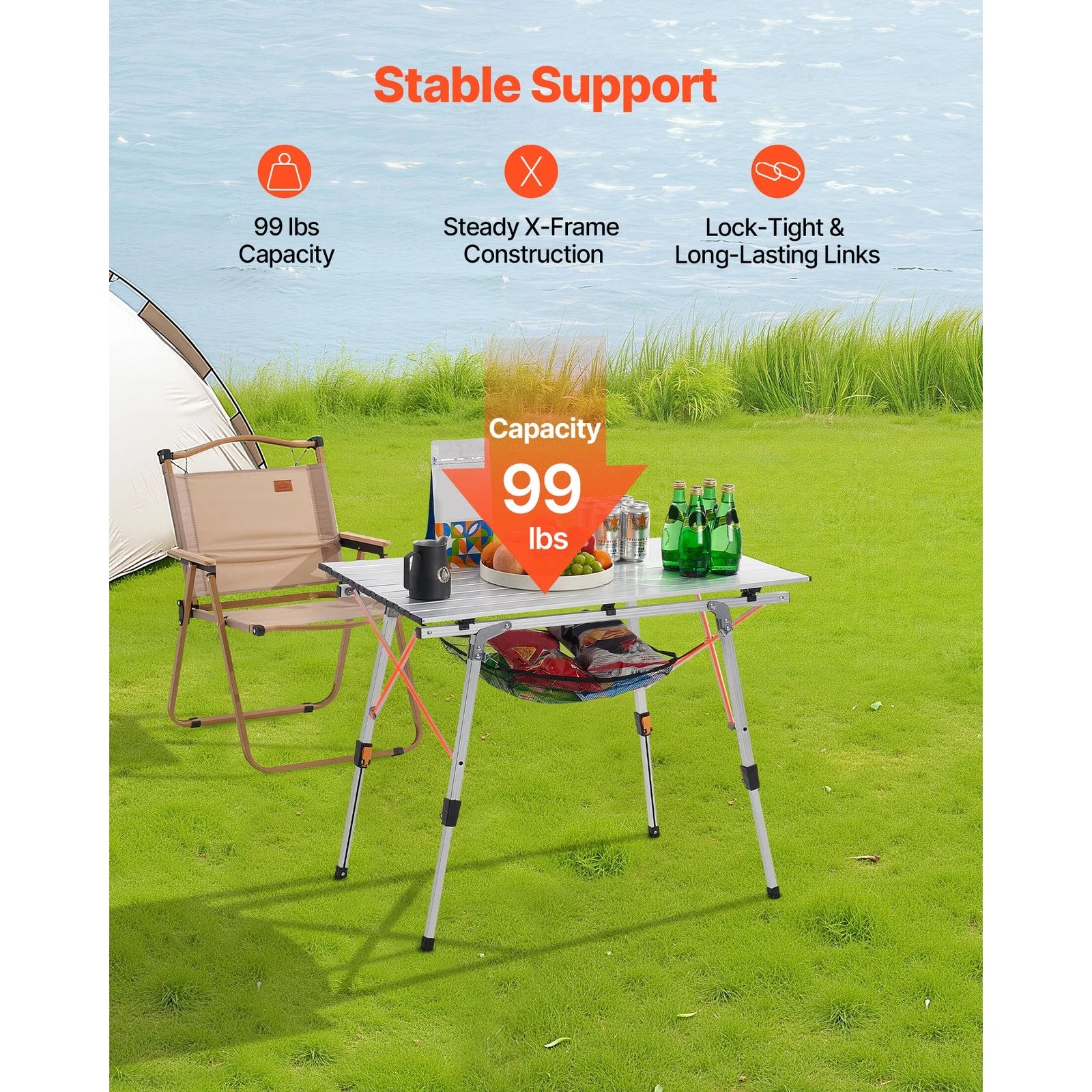 Camping table with chair on grassy area, featuring stable support features.