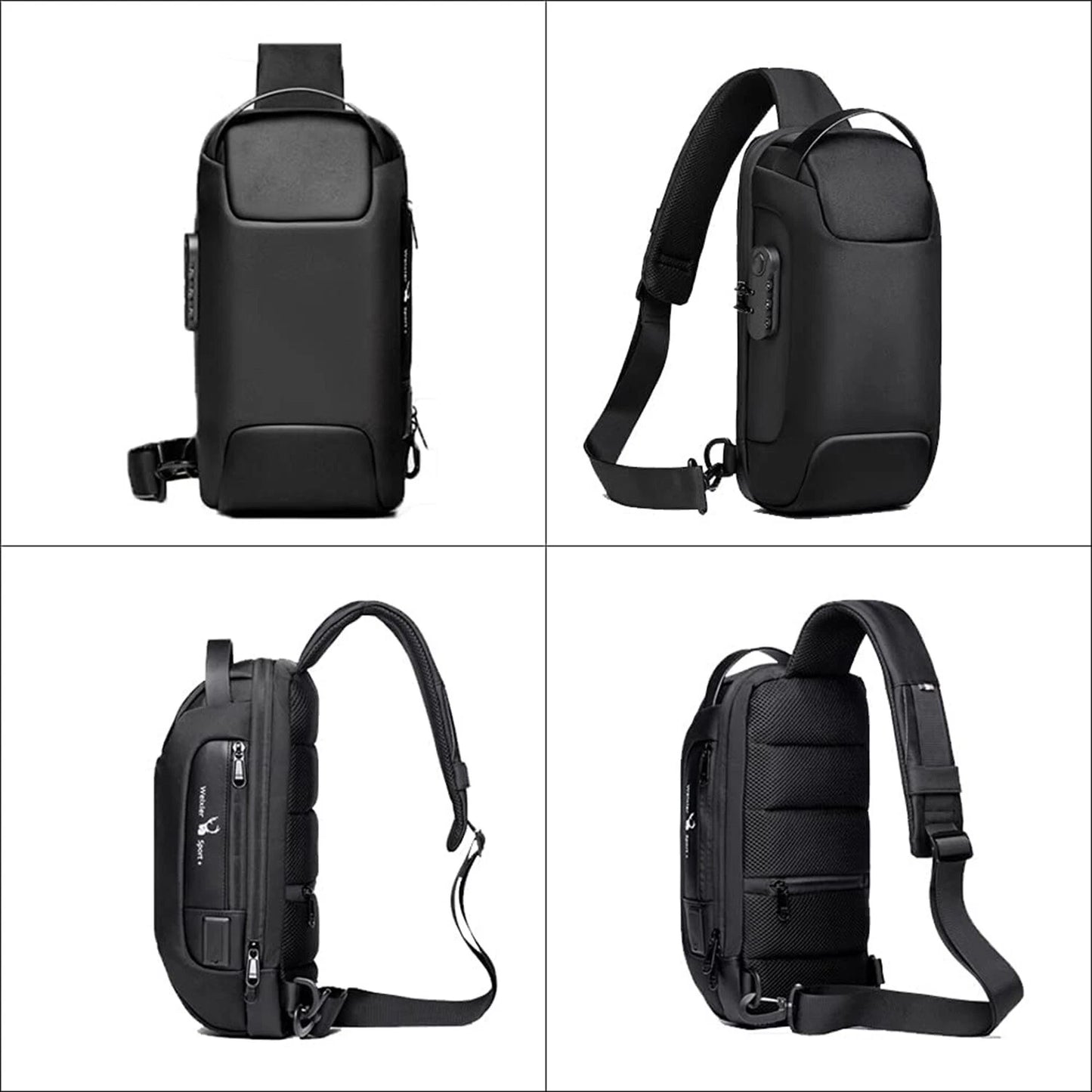 Anti-Theft Sling Backpack with USB Port Black Camouflage