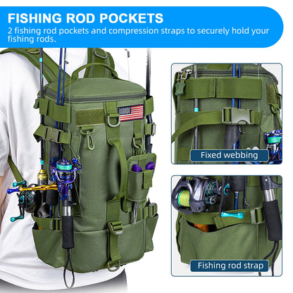 600D Waterproof Fishing Backpack Rod Holder Tackle Bag for Outdoor Use