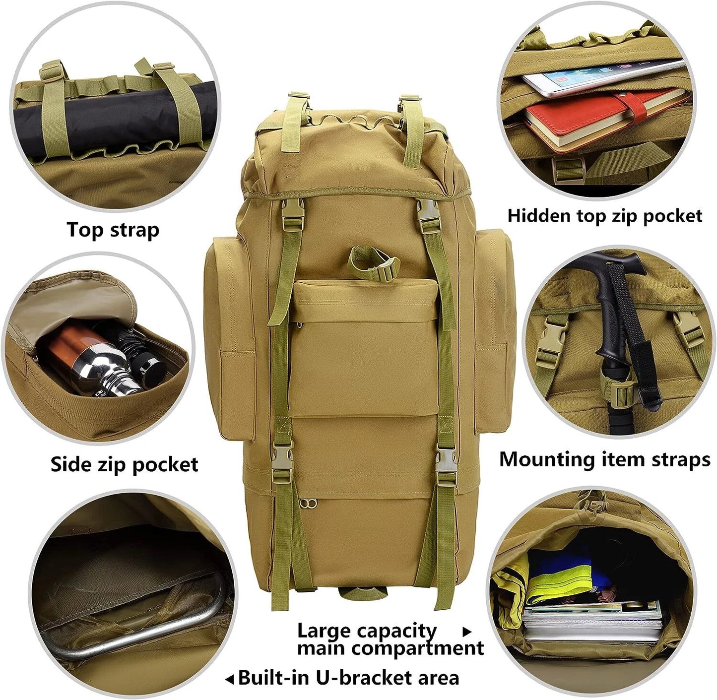 65L Tactical Hiking Backpack with Rain Cover and MOLLE Design