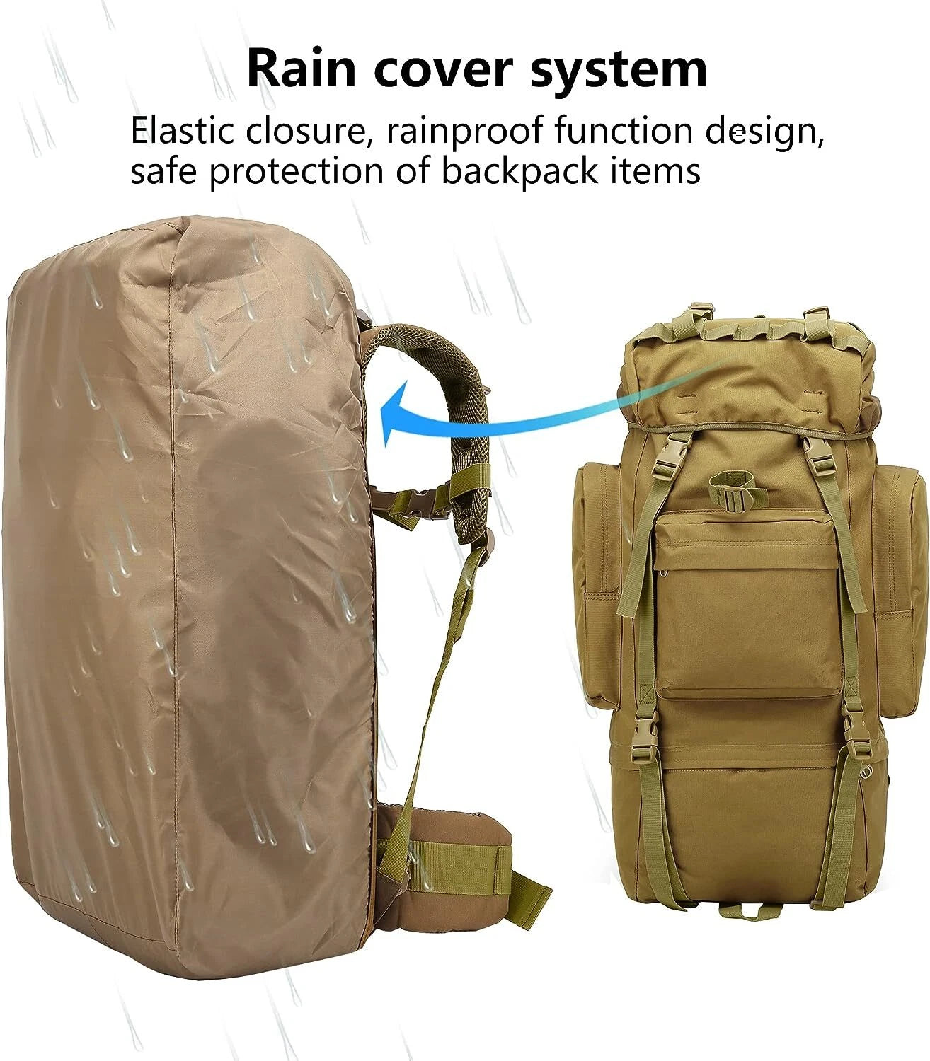 65L Tactical Hiking Backpack with Rain Cover and MOLLE Design