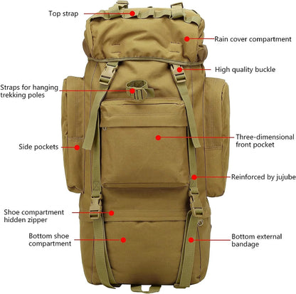 65L Tactical Hiking Backpack with Rain Cover and MOLLE Design