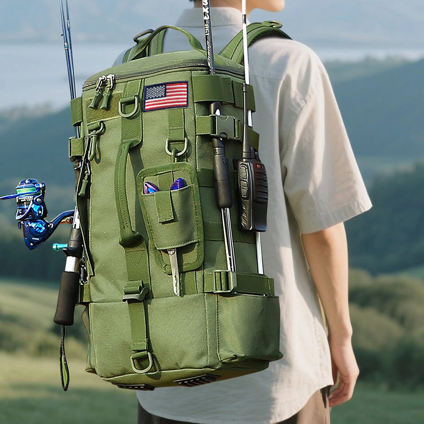 600D Waterproof Fishing Backpack Rod Holder Tackle Bag for Outdoor Use