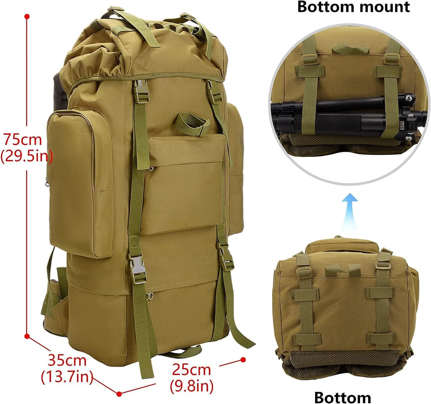 65L Tactical Hiking Backpack with Rain Cover and MOLLE Design