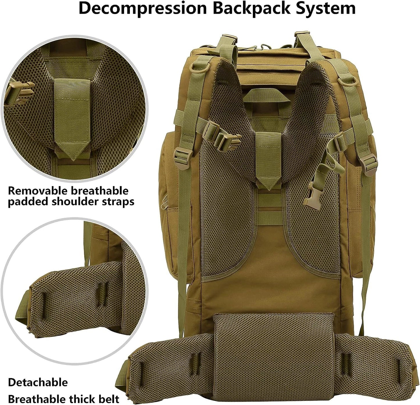 65L Tactical Hiking Backpack with Rain Cover and MOLLE Design