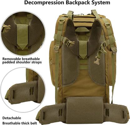 65L Tactical Hiking Backpack with Rain Cover and MOLLE Design