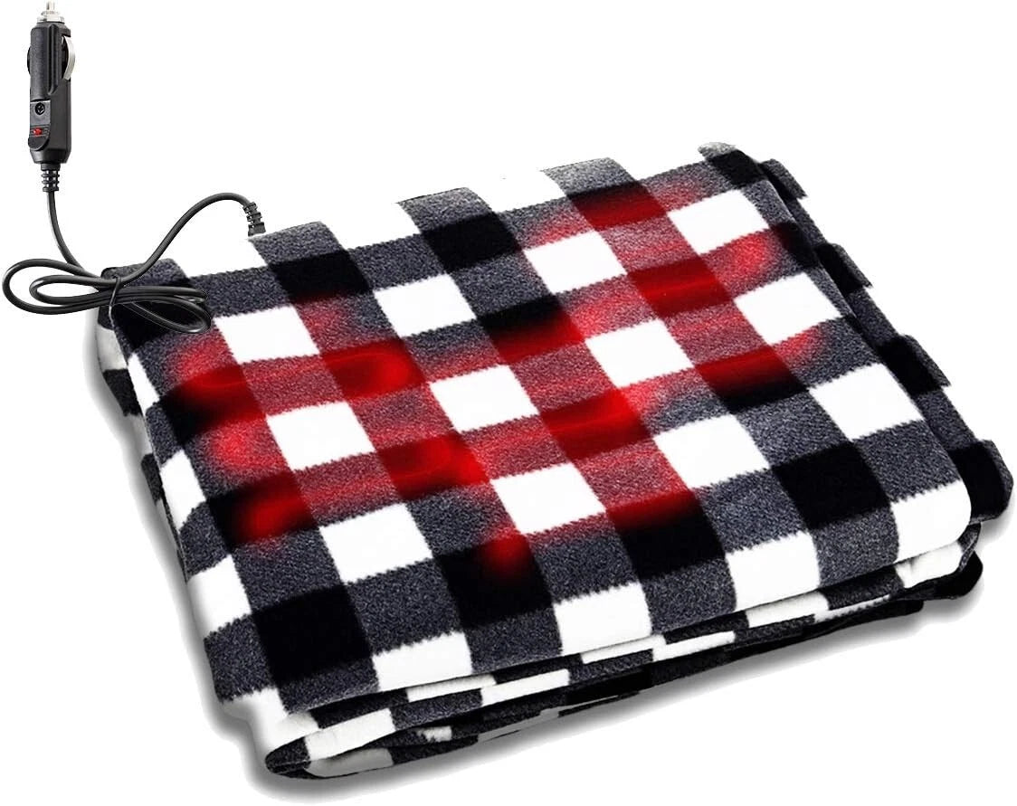12V Heated Car Travel Blanket Black and White Fleece Throw