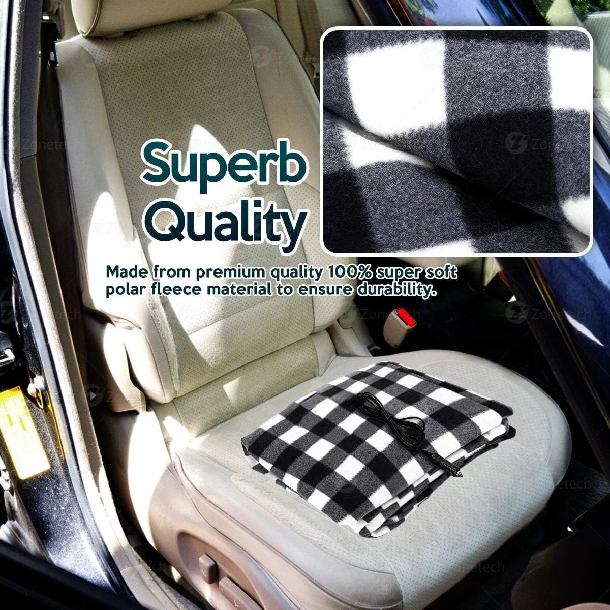 12V Heated Car Travel Blanket Black and White Fleece Throw