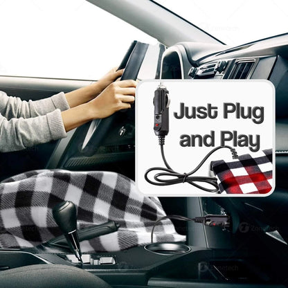 12V Heated Car Travel Blanket Black and White Fleece Throw