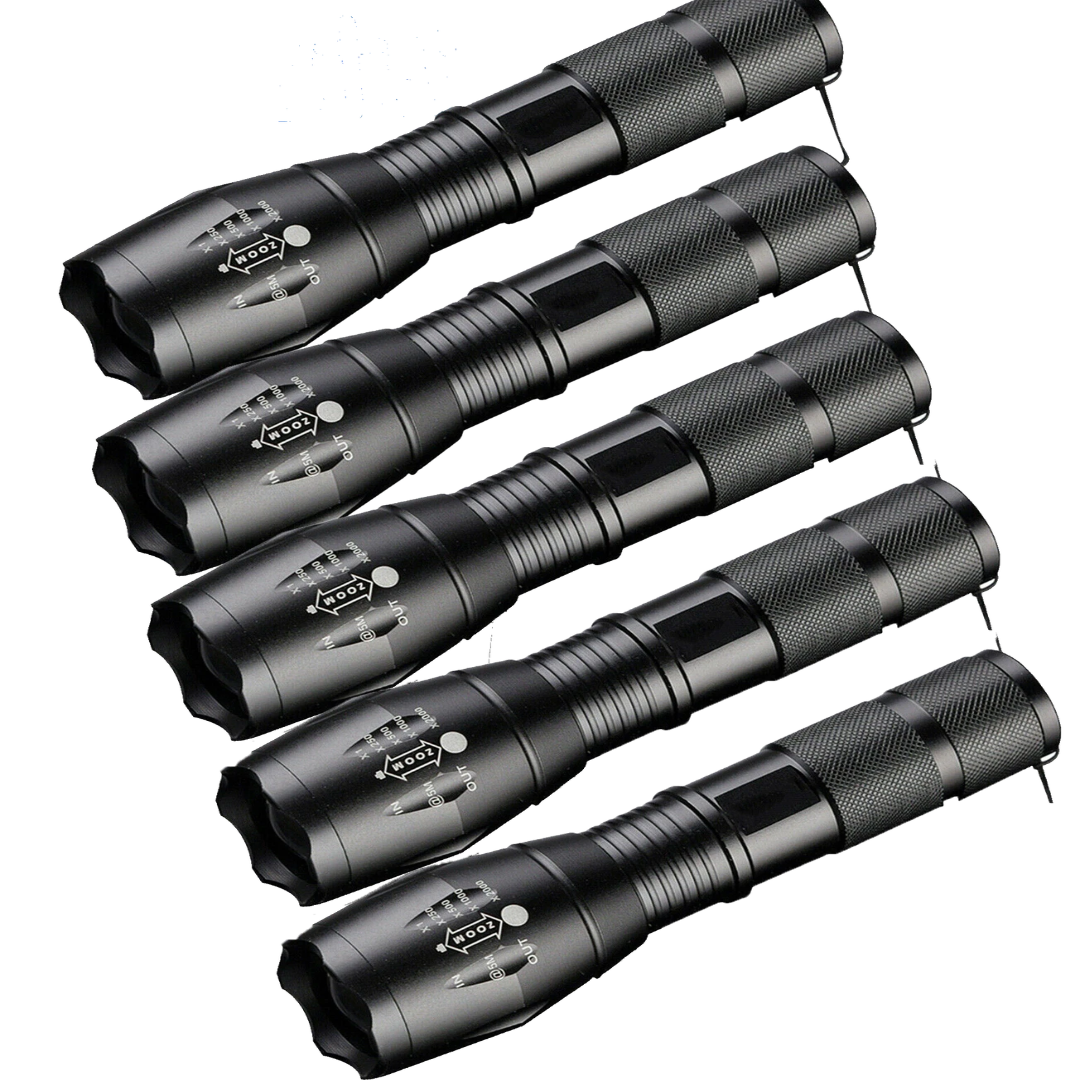 Five black flashlights stacked on a white background