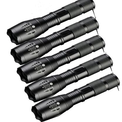Five black flashlights stacked on a white background