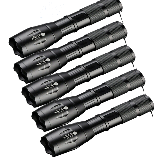 Five black flashlights stacked on a white background