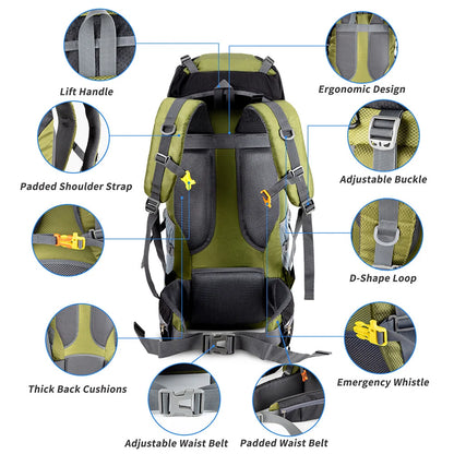 An olive green and black hiking backpack shown from the back with multiple callout circles and labels pointing to features such as the lift handle, ergonomic design, padded shoulder strap, adjustable buckle, D-shape loop, thick back cushions, waist belt, and emergency whistle.