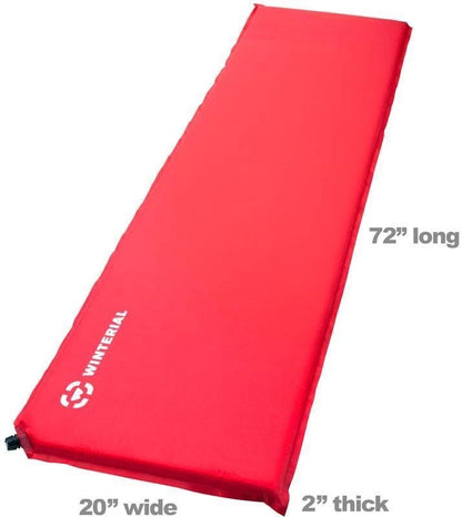 A red inflatable sleeping pad shown on a white background with overlaid dimension labels reading 72" long, 20" wide, and 2" thick. The pad has a white WINTERIAL logo printed near one corner.