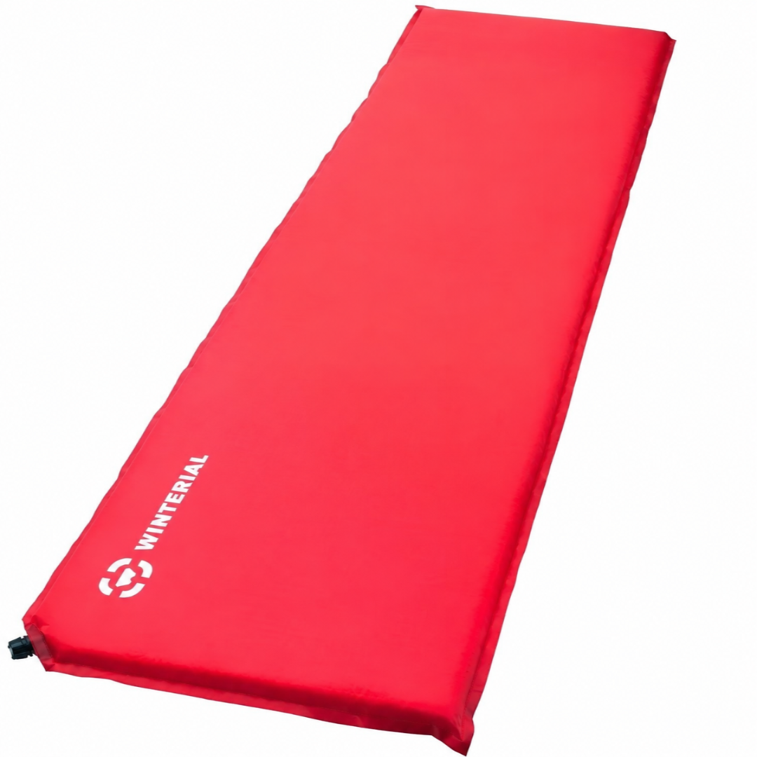 A red inflatable sleeping pad with the brand name 'WINTERIAL' printed in white near the bottom left corner, shown on a plain white background.